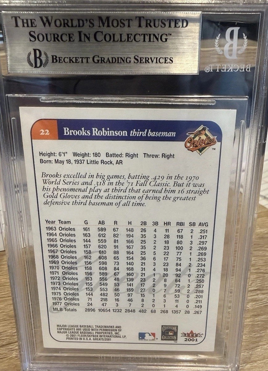 Signed 2001 Fleer Greats Of The Game #22 Brooks Robinson - BAS beckett slabbed