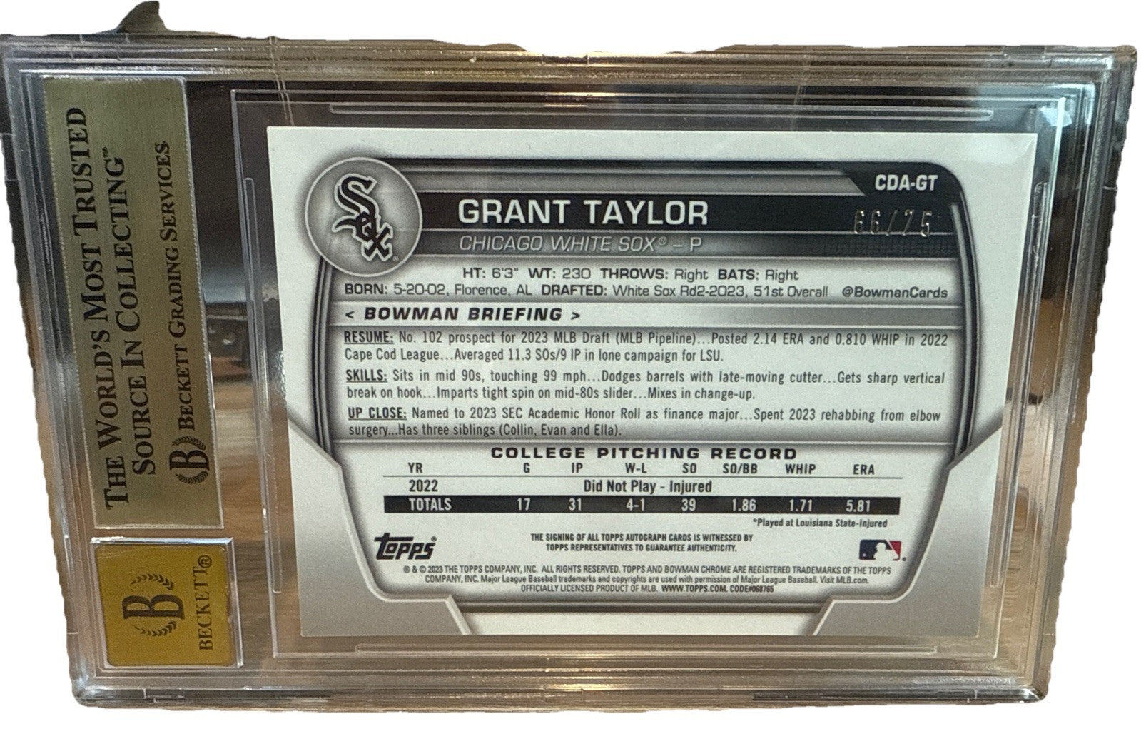 Grant Taylor 1st Bowman Auto Black Refractor /75 BGS 9.5 Auto 10 Gem #CDA-GT