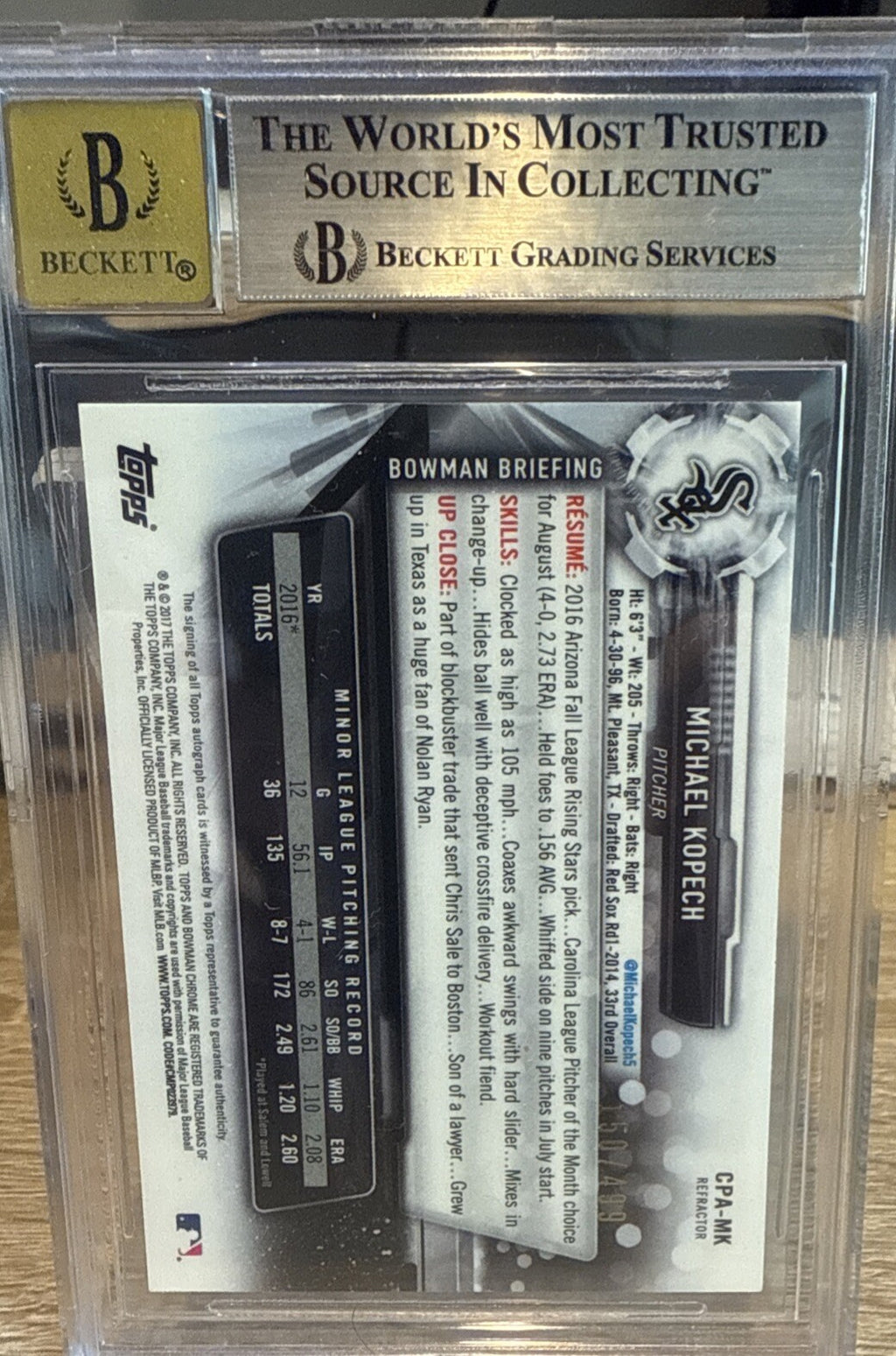 2017 Bowman Chrome Michael Kopech Prospect Refractor Auto BGS 9/Auto 10