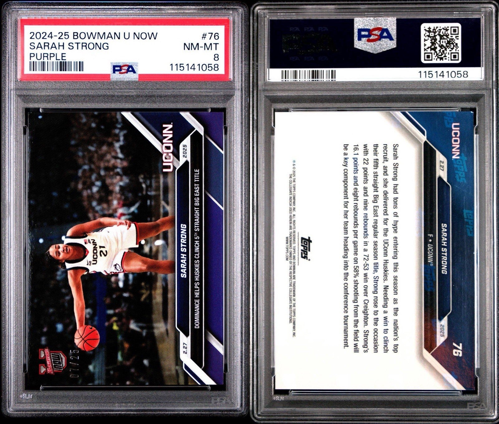 Sarah Strong 2025 Bowman U Now #76 Purple Parallel /25 - PSA 8