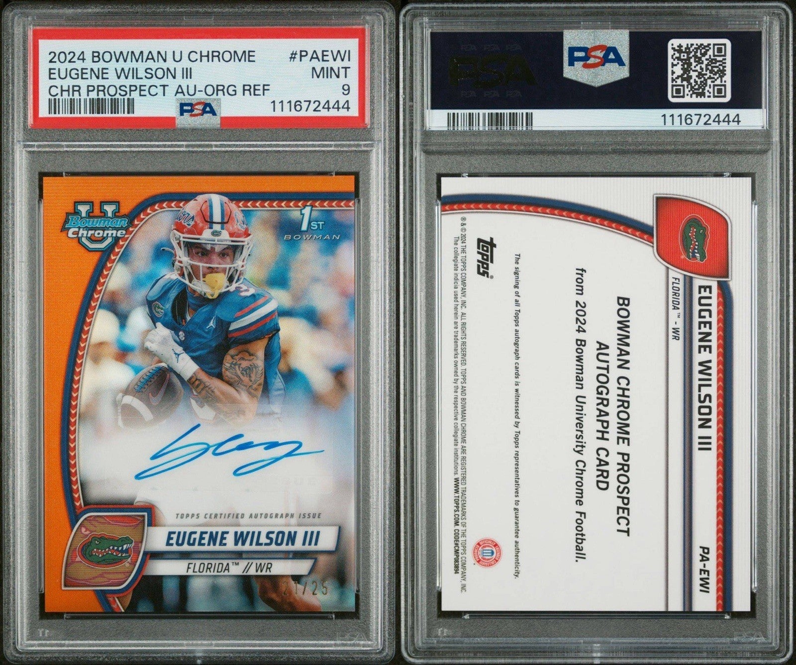 2024 Bowman Chrome U Eugene Wilson Orange Refractor Auto #d /25 PSA  9 Gators