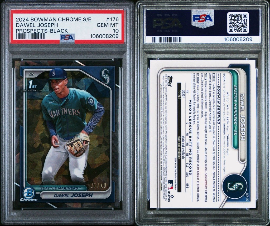 2024 Bowman Chrome Sapphire Black /10 #176 Dawel Joseph 1st Prospects PSA 10 Gem
