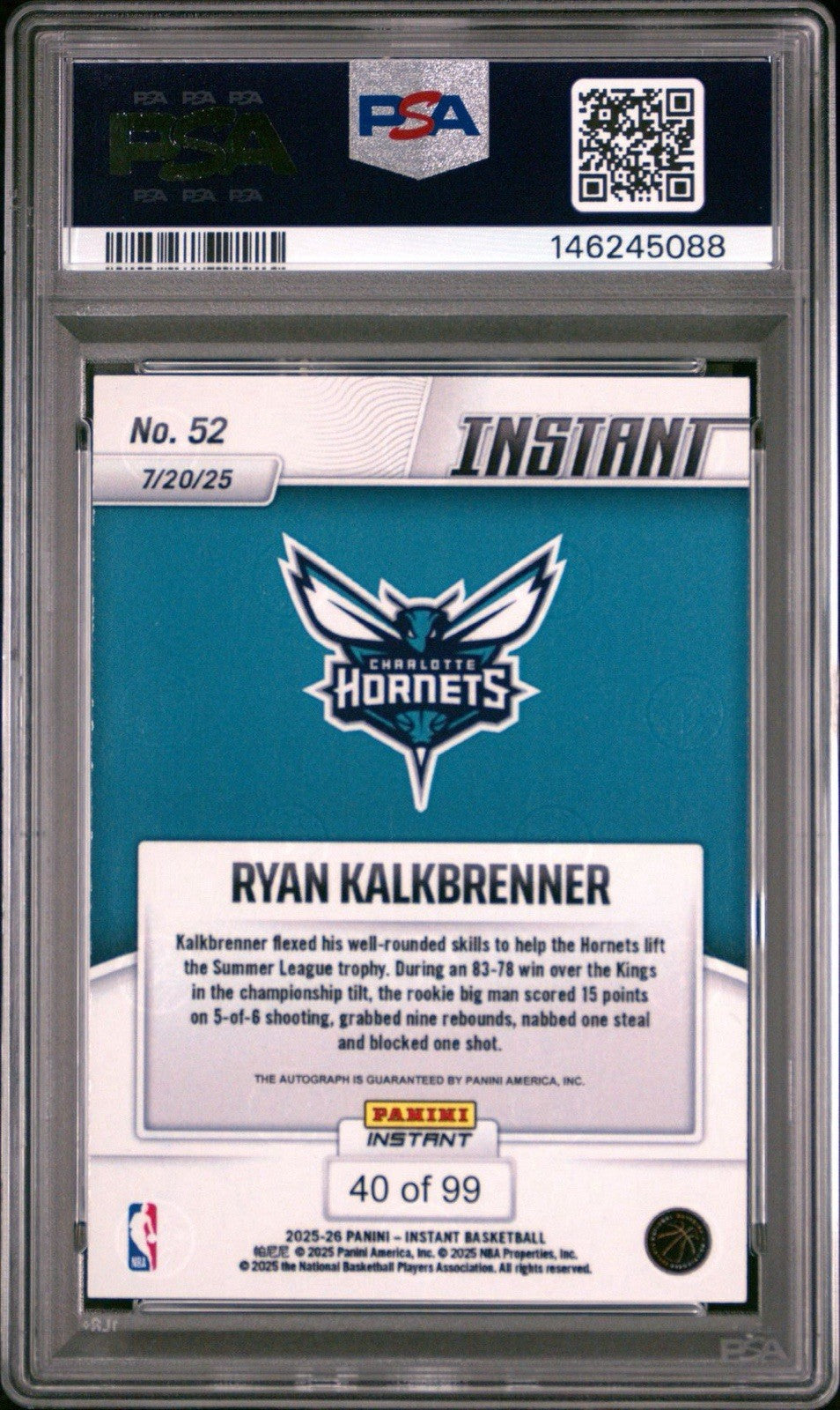 2025-26 Panini Instant NBA #52 Ryan Kalkbrenner  Auto  Rookie Card PSA 10 Gem
