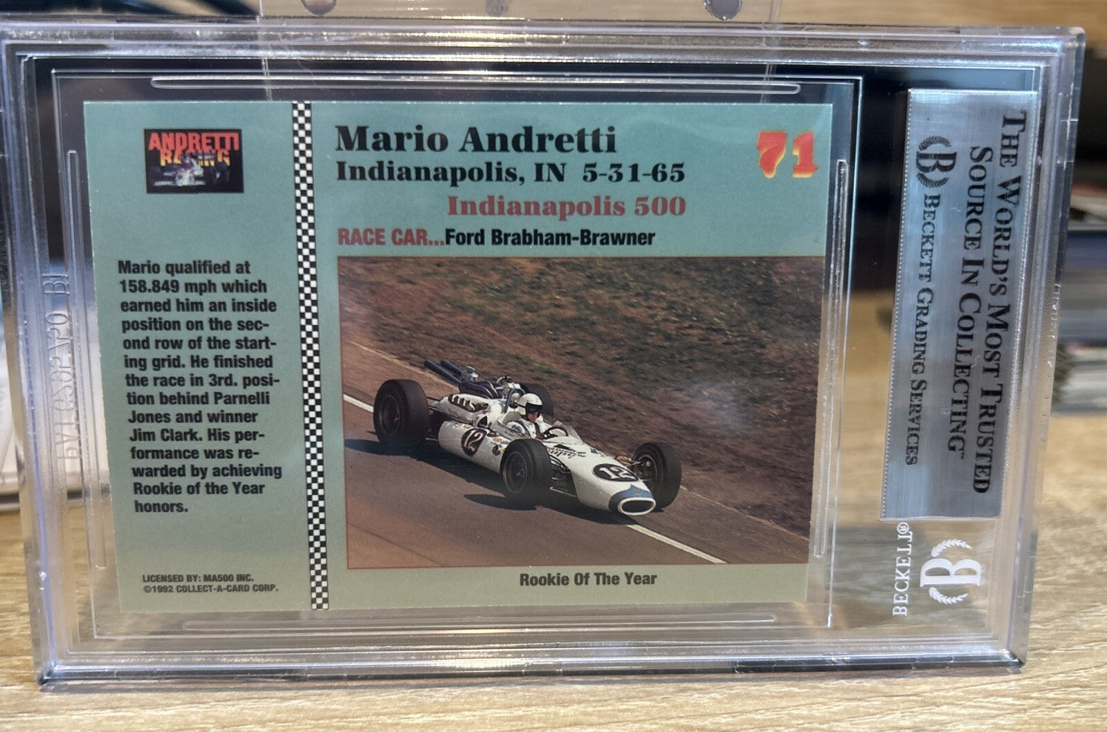 MARIO ANDRETTI Signed 1992 Collect A Card #71 Beckett BAS encased Indy Racing