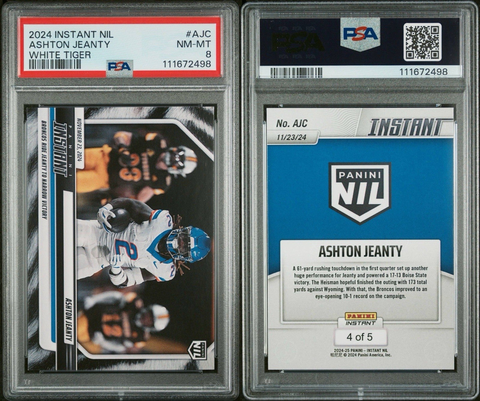 Ashton Jeanty - 2024 Panini Instant College Football #AJC White Tiger /5 - PSA 8
