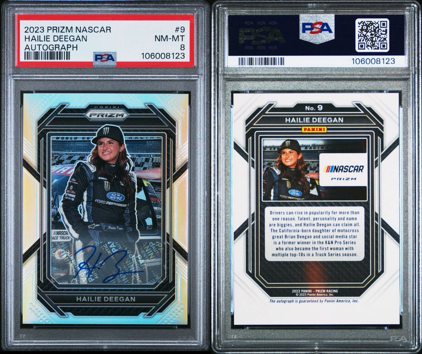 2023 Panini Prizm #9 Hailie Deegan Silver Prizm Signatures - PSA 8