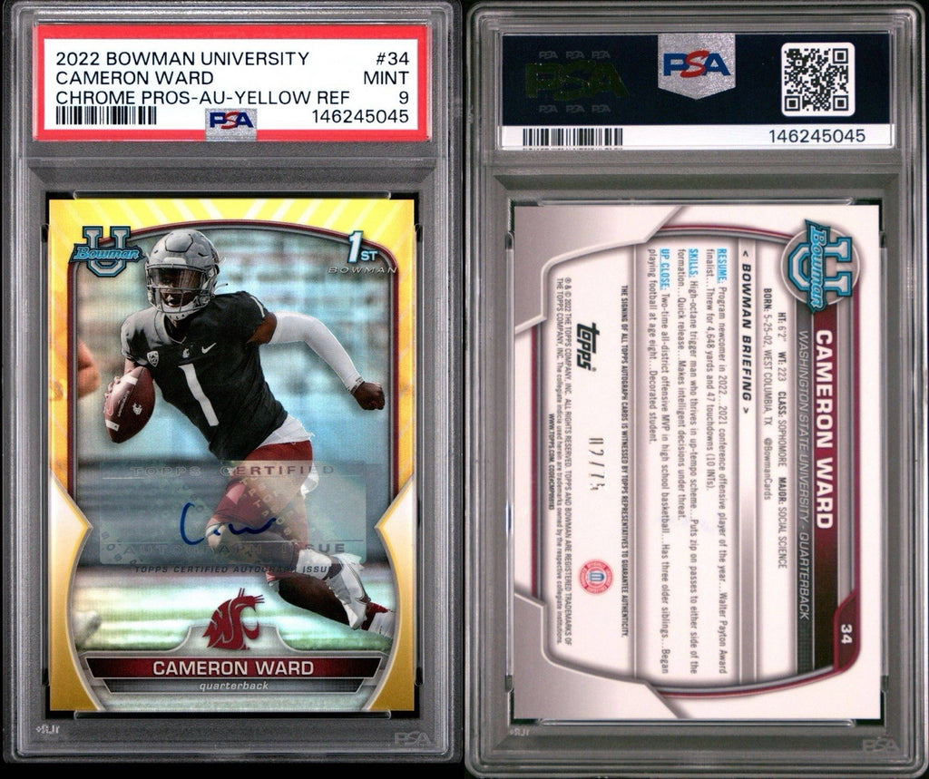 2022 BOWMAN U CHROME YELLOW REFRACTOR  AUTO CAM (CAMERON) WARD #d /75 - PSA 9