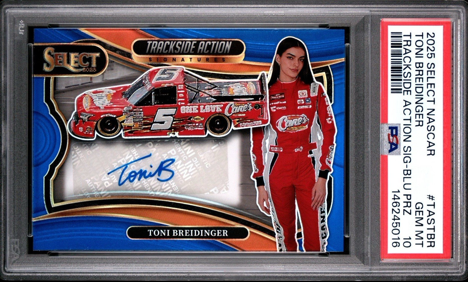 Toni Breidinger 2025 Panini Select Trackside Blue Prizm  Auto /99 - PSA 10 Gem