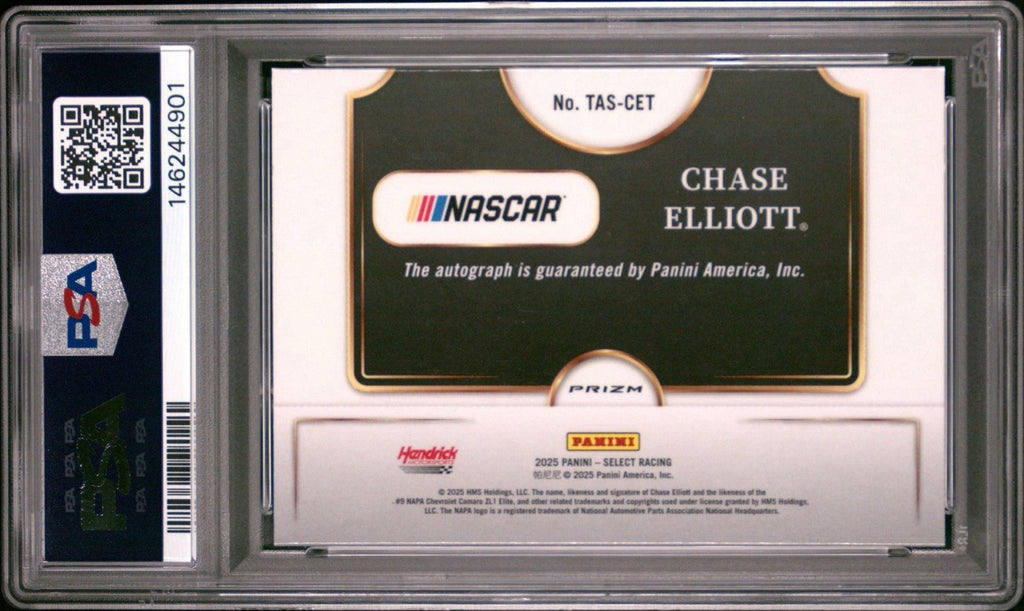 Chase Elliott 2025 Panini Select Trackside Action Signatures Silver Auto PSA 9