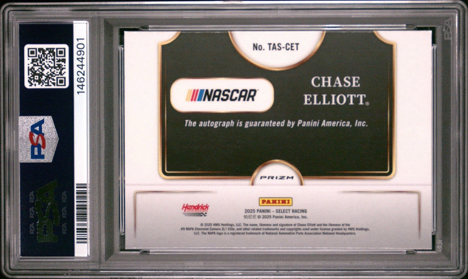 Chase Elliott 2025 Panini Select Trackside Action Signatures Silver Auto PSA 9