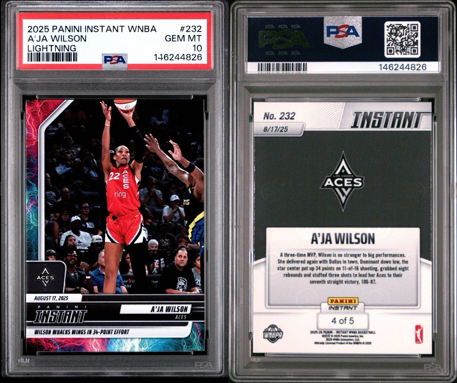 2025 Panini Instant WNBA A’Ja Wilson #232 Lightning /5 PSA 10 Gem