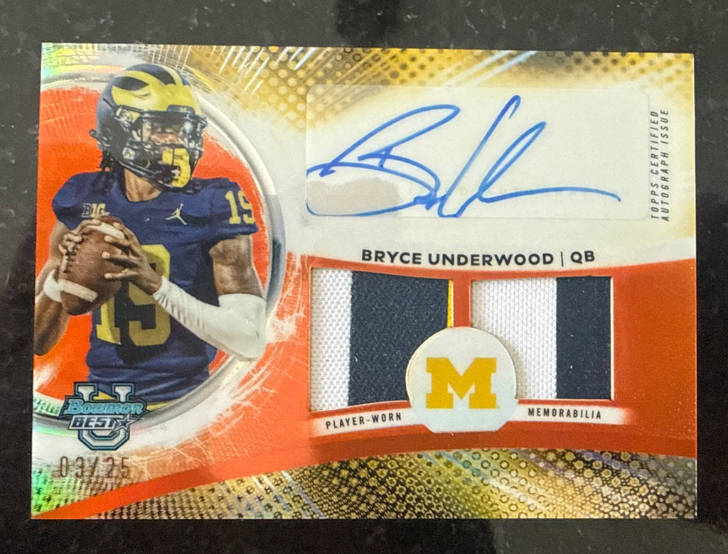 2025 Bowman Best U Bryce Underwood Dual Relic Orange Auto #/25 Patch! Michigan 