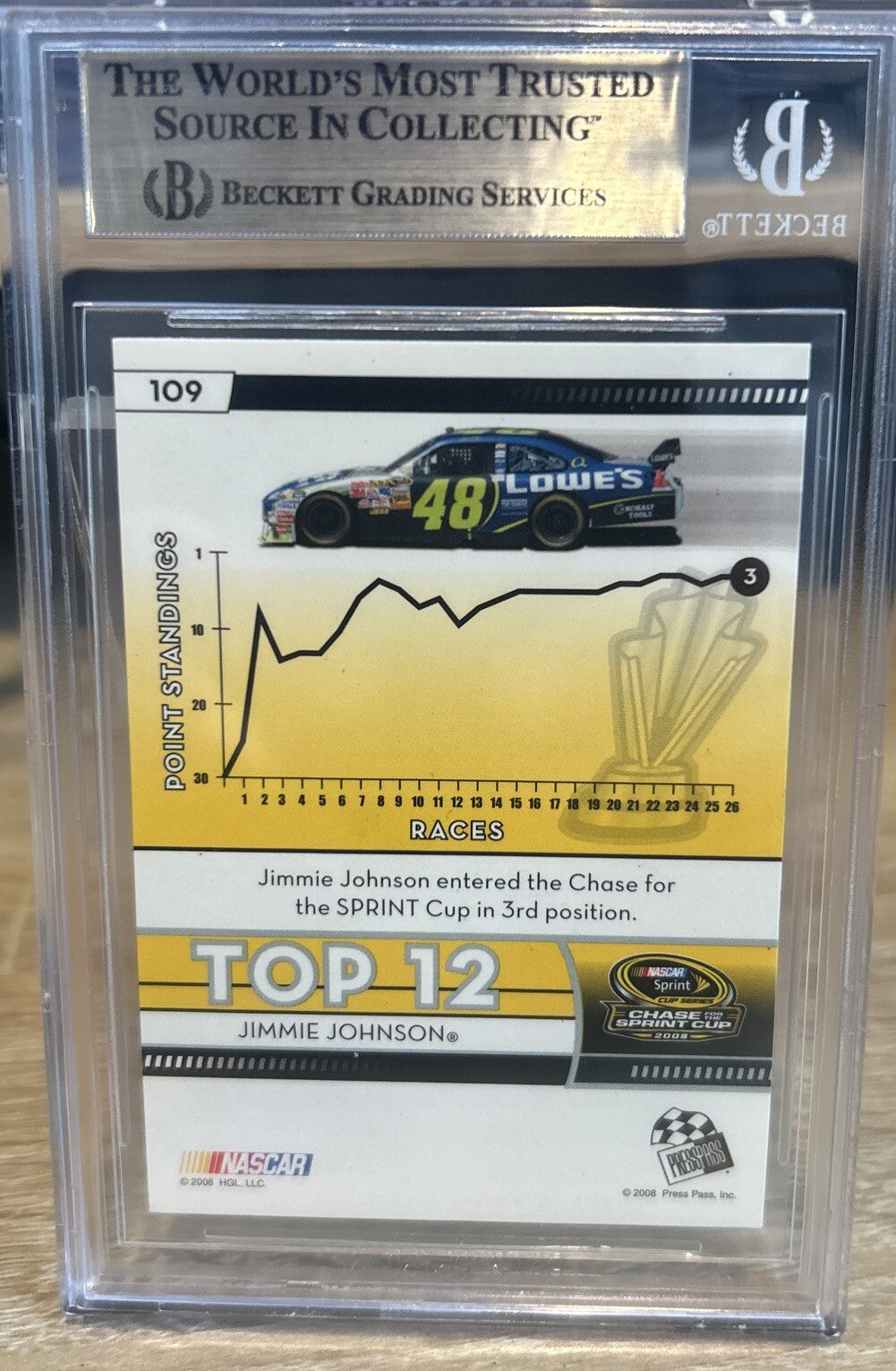 2009 Press Pass Top 12  JIMMIE JOHNSON #109 SIGNED AUTOGRAPH BECKETT BAS Slab