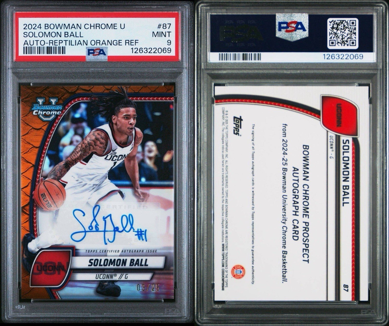 2024-25 Bowman U Chrome  Solomon Ball #87 Orange Reptilian /25 Auto PSA 9