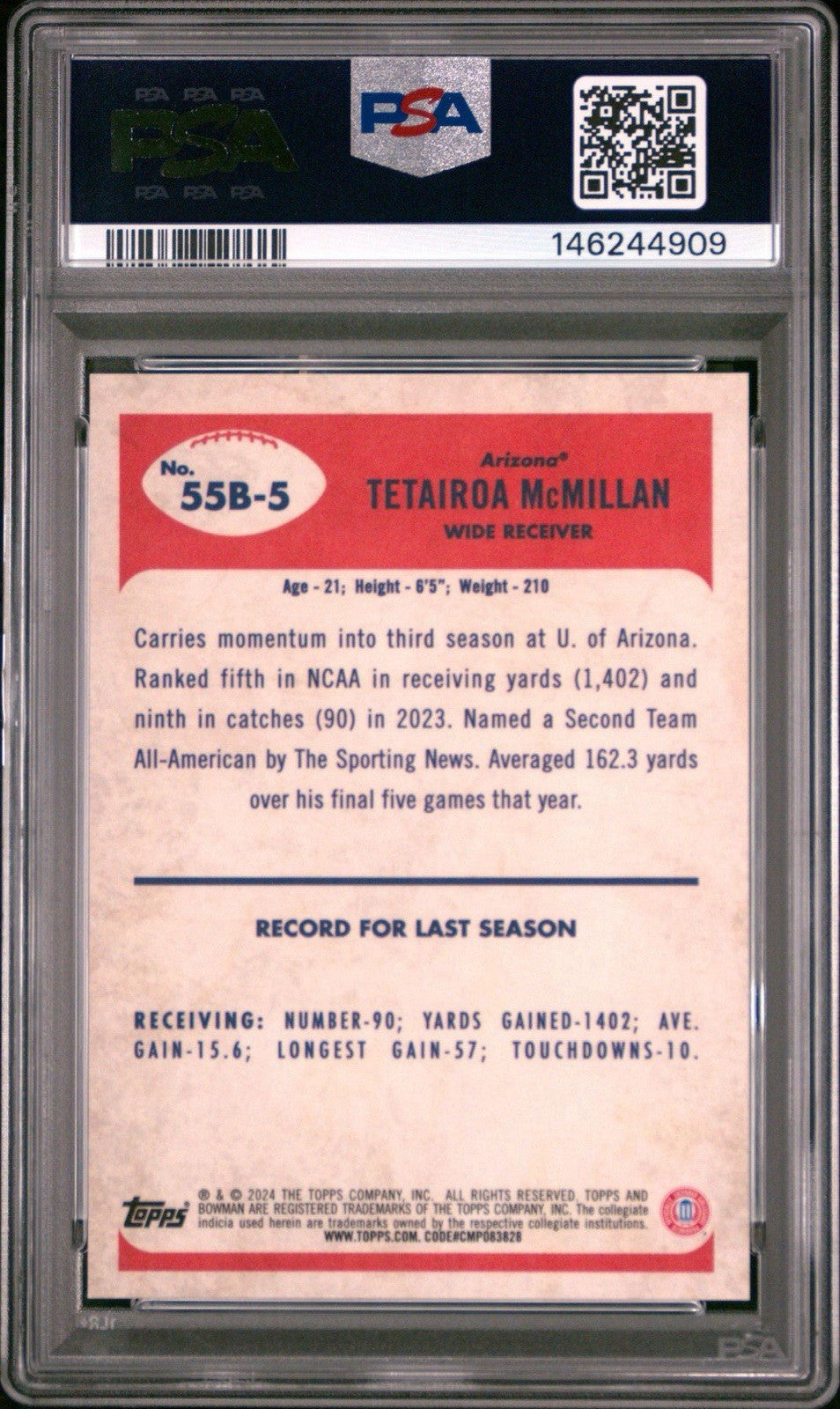 2024 Bowman U Chrome Orange Refractor 24/25 Tetairoa McMillan PSA 10 Gem