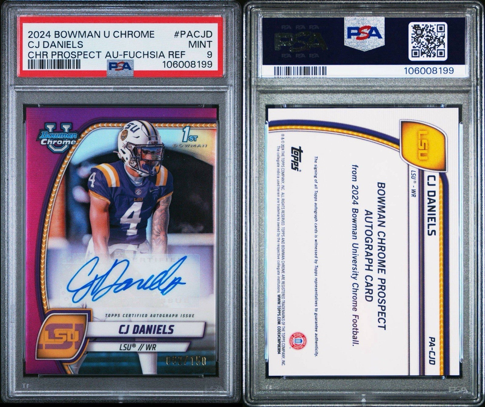 CJ DANIELS 2024 Bowman Chrome University LSU 1st Fuschia Ref /150 PSA 9