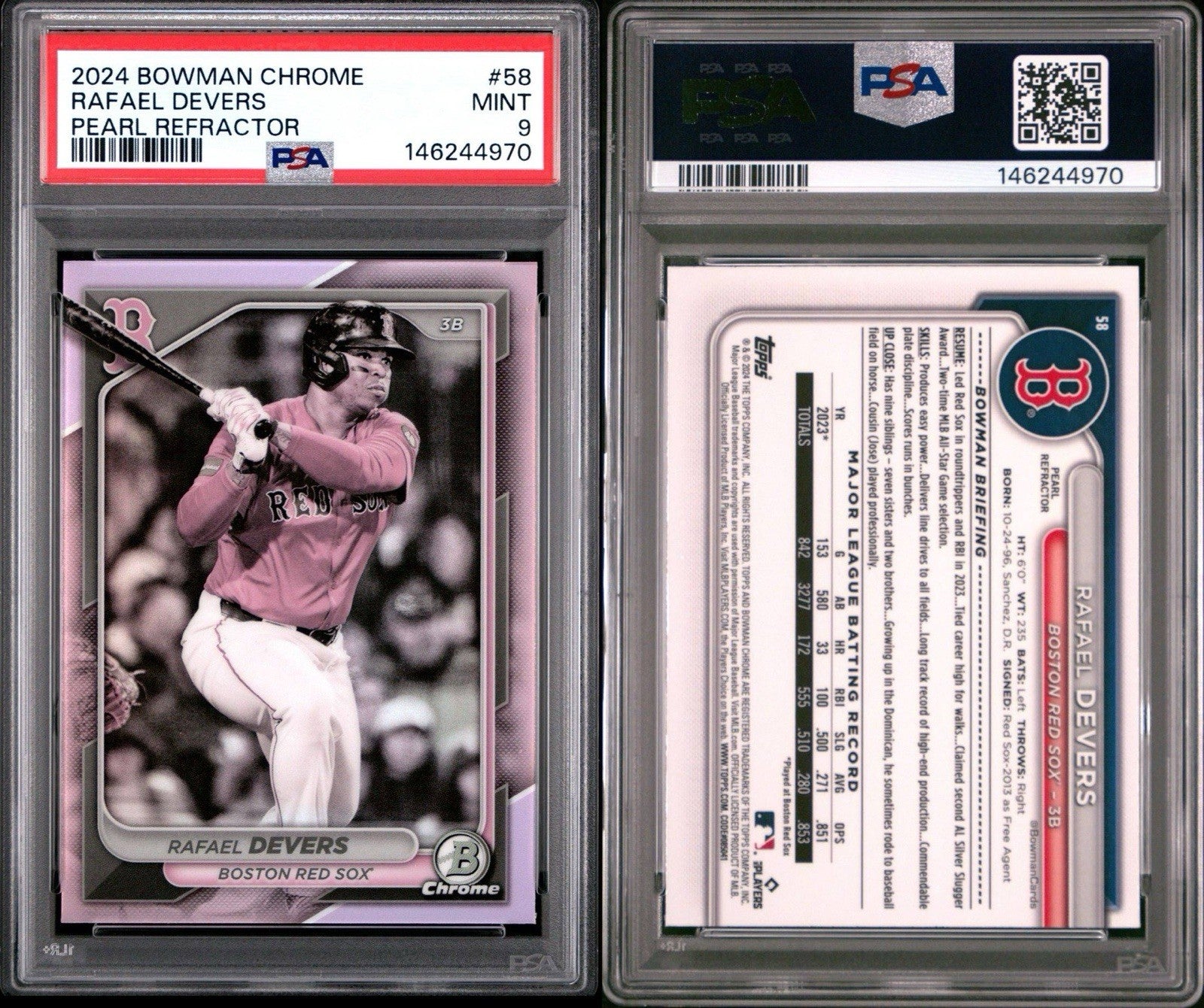 2024 Bowman Chrome Pearl Refractor # 58 Rafael Devers PSA 9