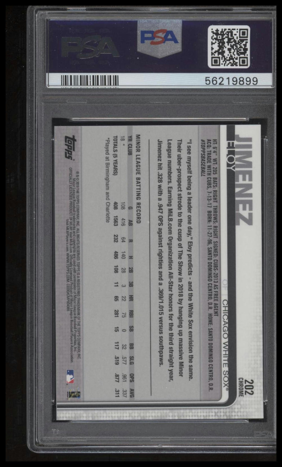2019 Topps Chrome #202 Eloy Jimenez PSA 10