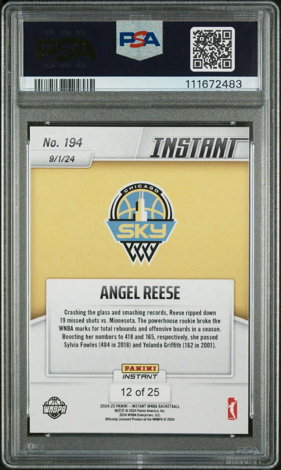 ANGEL REESE - 2024 PANINI INSTANT WNBA #194 - JUNGLE #d /25 PSA 10 Gem Mint