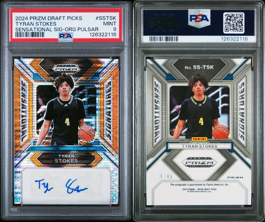 2024 PANINI PRIZM DRAFT PICKS TYRAN STOKES Orange Pulsar Auto  #d /49 - PSA 9