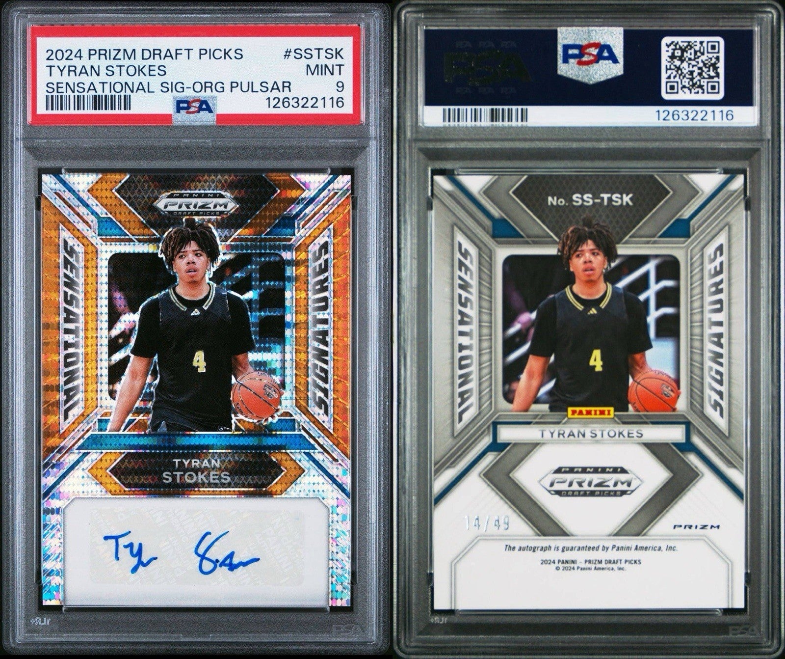 2024 PANINI PRIZM DRAFT PICKS TYRAN STOKES Orange Pulsar Auto  #d /49 - PSA 9