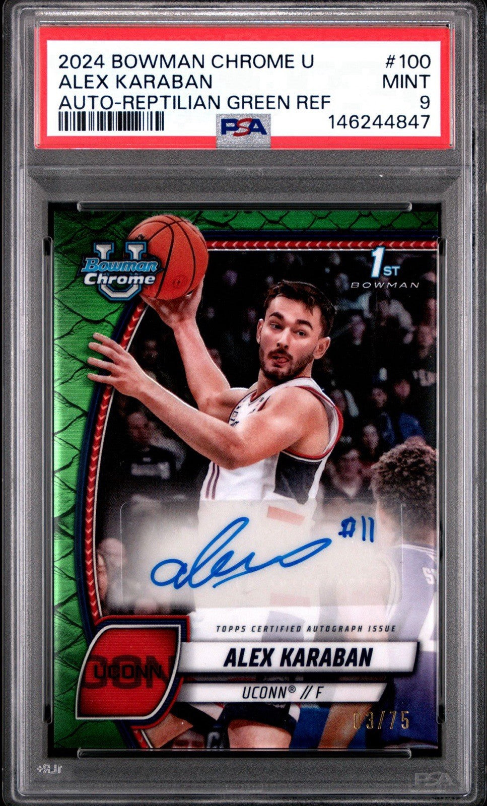 2024 Bowman Chrome U Alex Karaban #100 Reptilian Green /75 - PSA 9