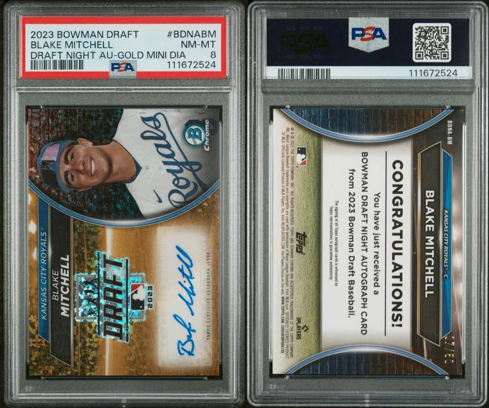 2023 Bowman Draft Blake Mitchell Draft Night Gold Mini Diamond Auto /50 PSA 8