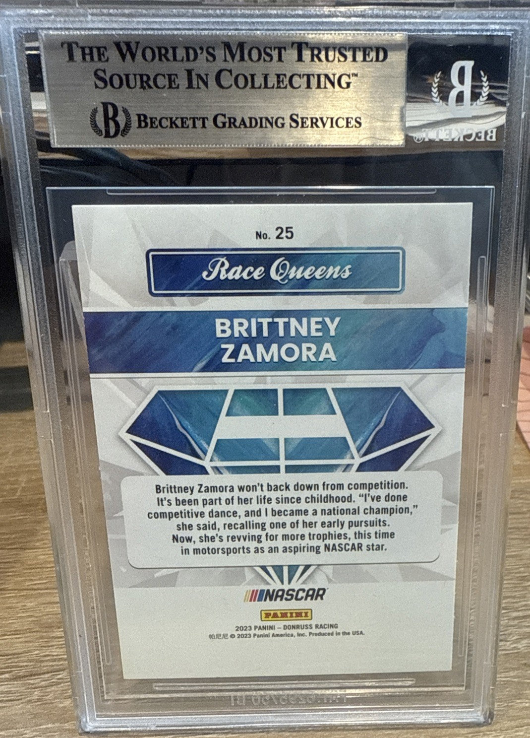 Signed Brittney Zamora 2023 Donruss Race Queens #25 - BAS Beckett Slab