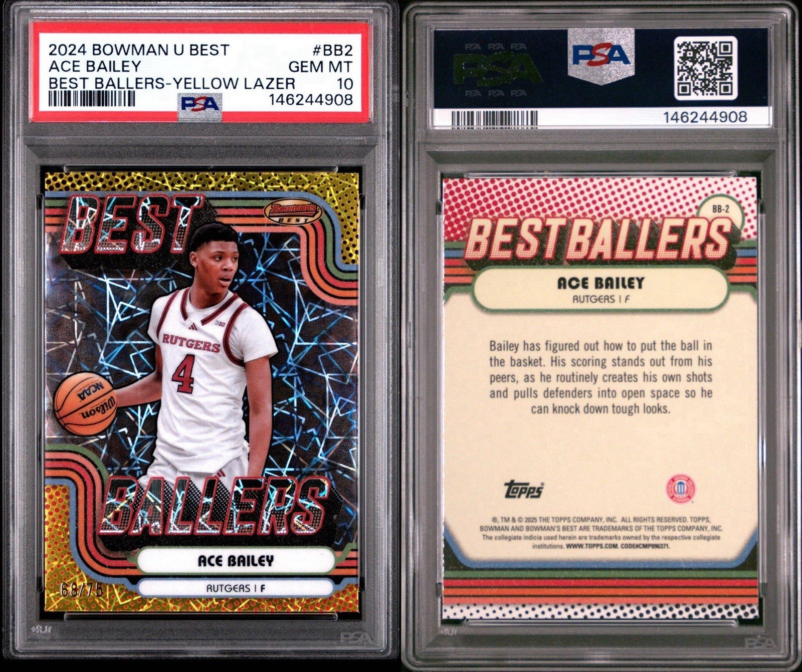 2024-25 Bowman U Best Ace Bailey Best Ballers Yellow Lazer /75 #BB-2 PSA 10 Gem