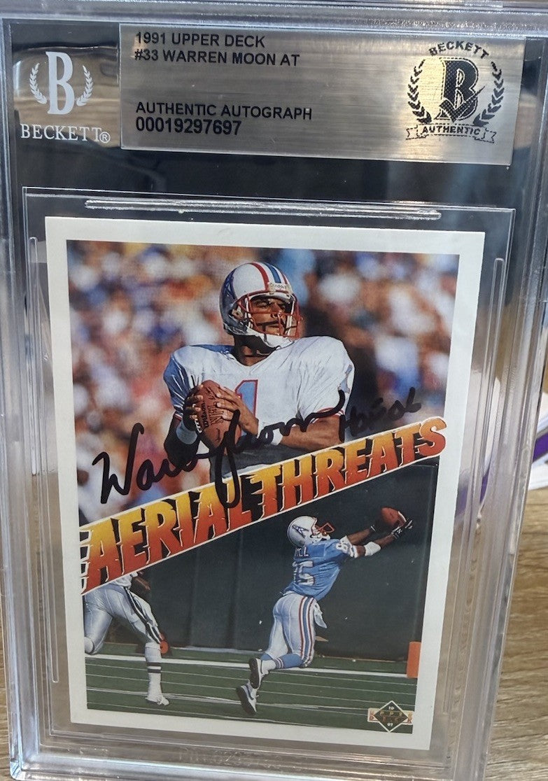 Warren Moon Signed 1991 Upper Deck Aerial Threats #33 - Beckett BAS encased HOF