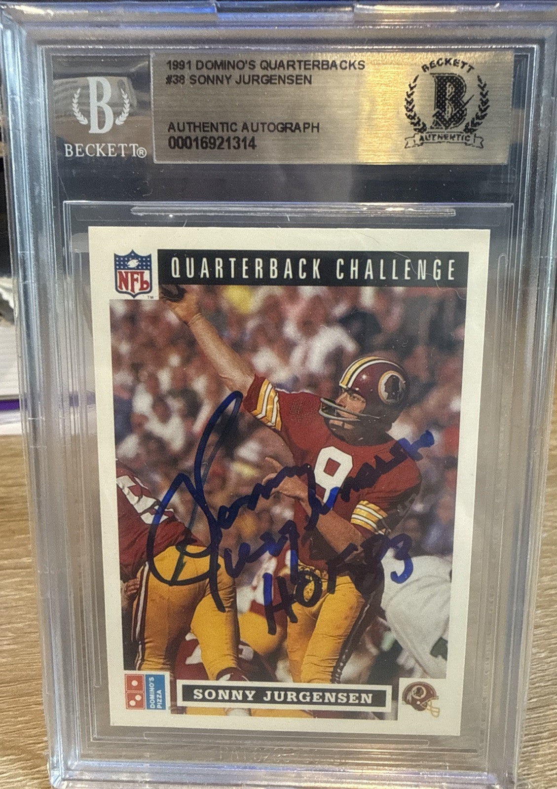 Signed - Sonny Jurgensen 1991 Dominos Quarterbacks Auto - BAS Slab Beckett