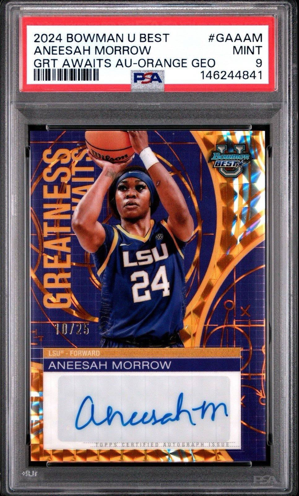 2024-25 Bowman U Best Aneesah Morrow Greatness Awaits Orange Geo Auto /25 PSA 9