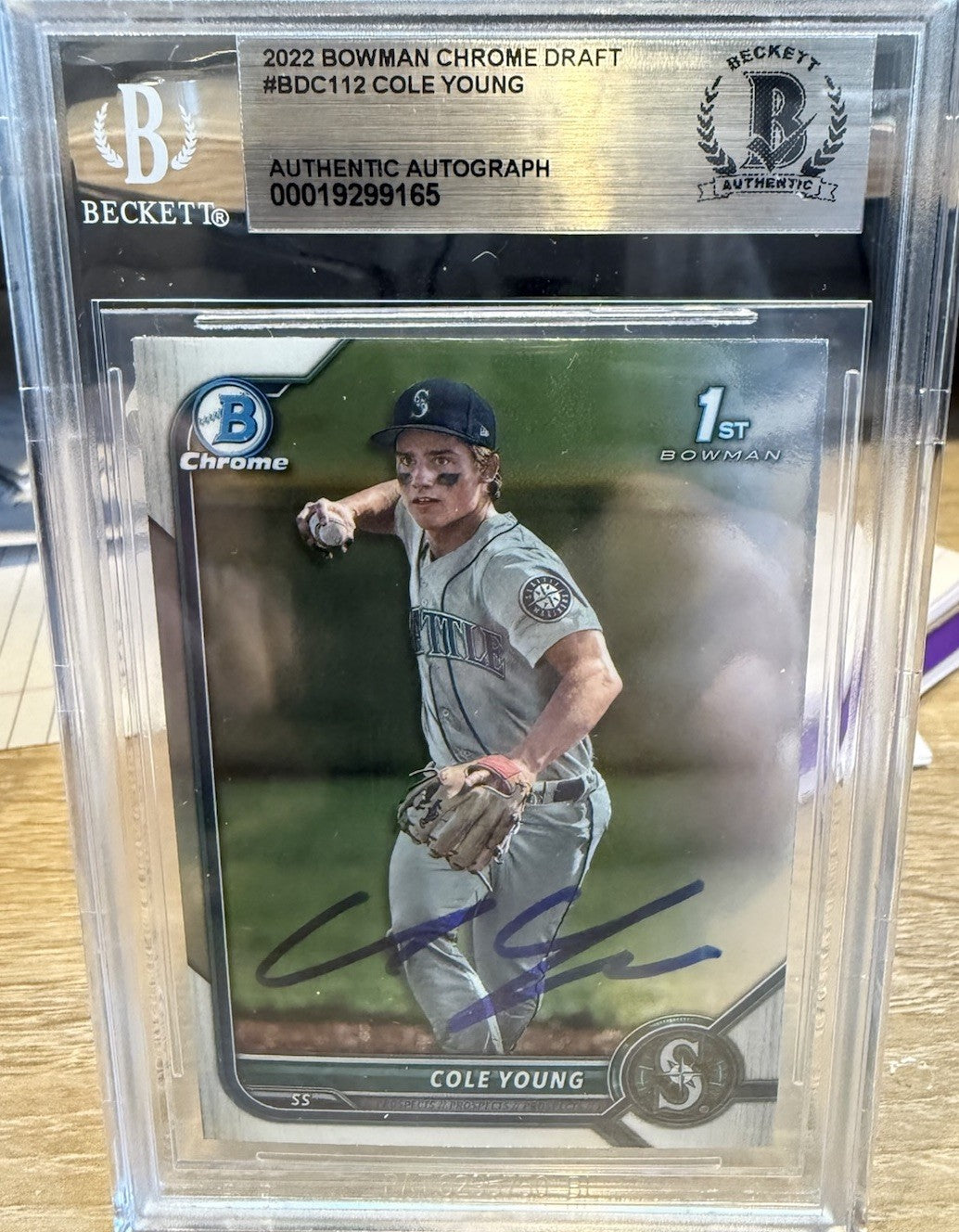Signed 2022 Bowman Chrome Draft #BDC112 - Cole Young - Beckett BAS Slab
