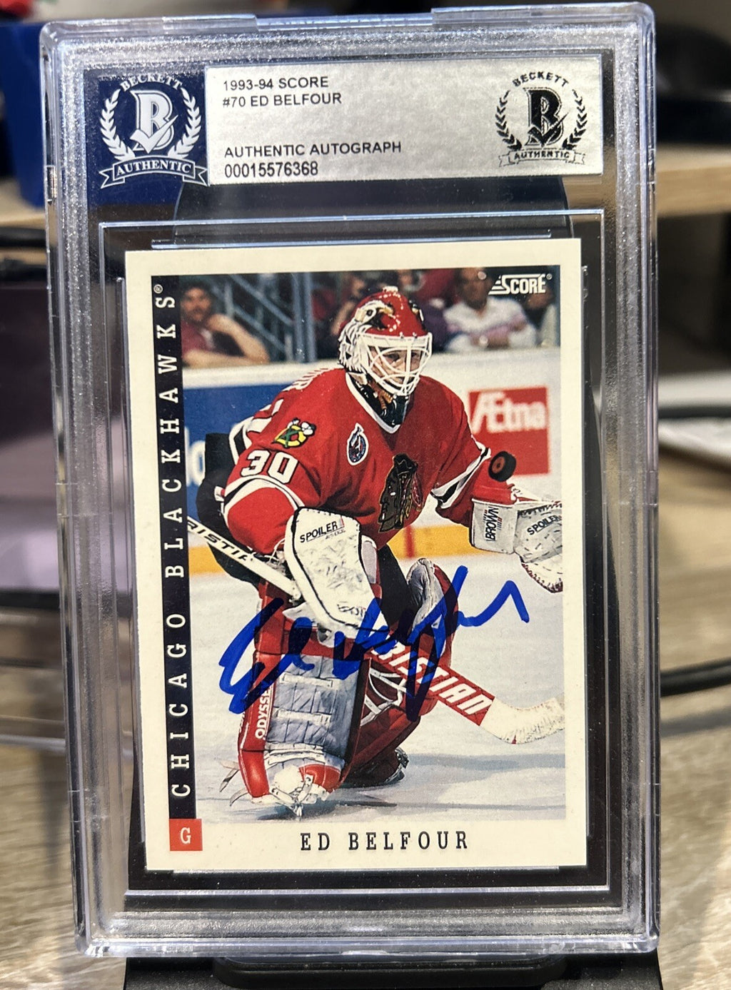 ED BELFOUR 1993-94 SCORE SIGNED AUTOGRAPHED CARD BECKETT BAS AUTHENTIC
