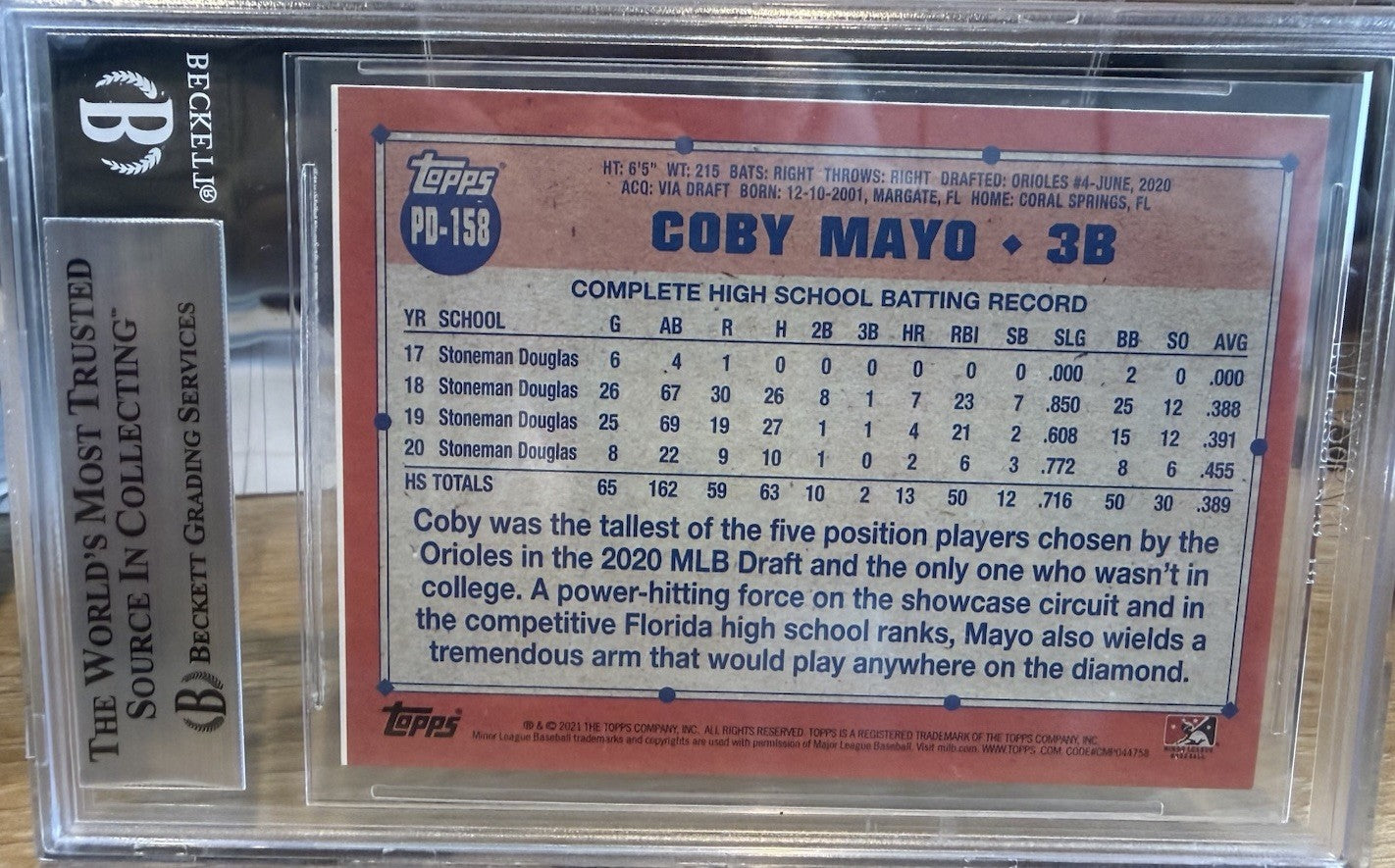 Signed - Coby Mayo 2021 Topps Pro Debut #PD158 Auto - Beckett BAS Slab