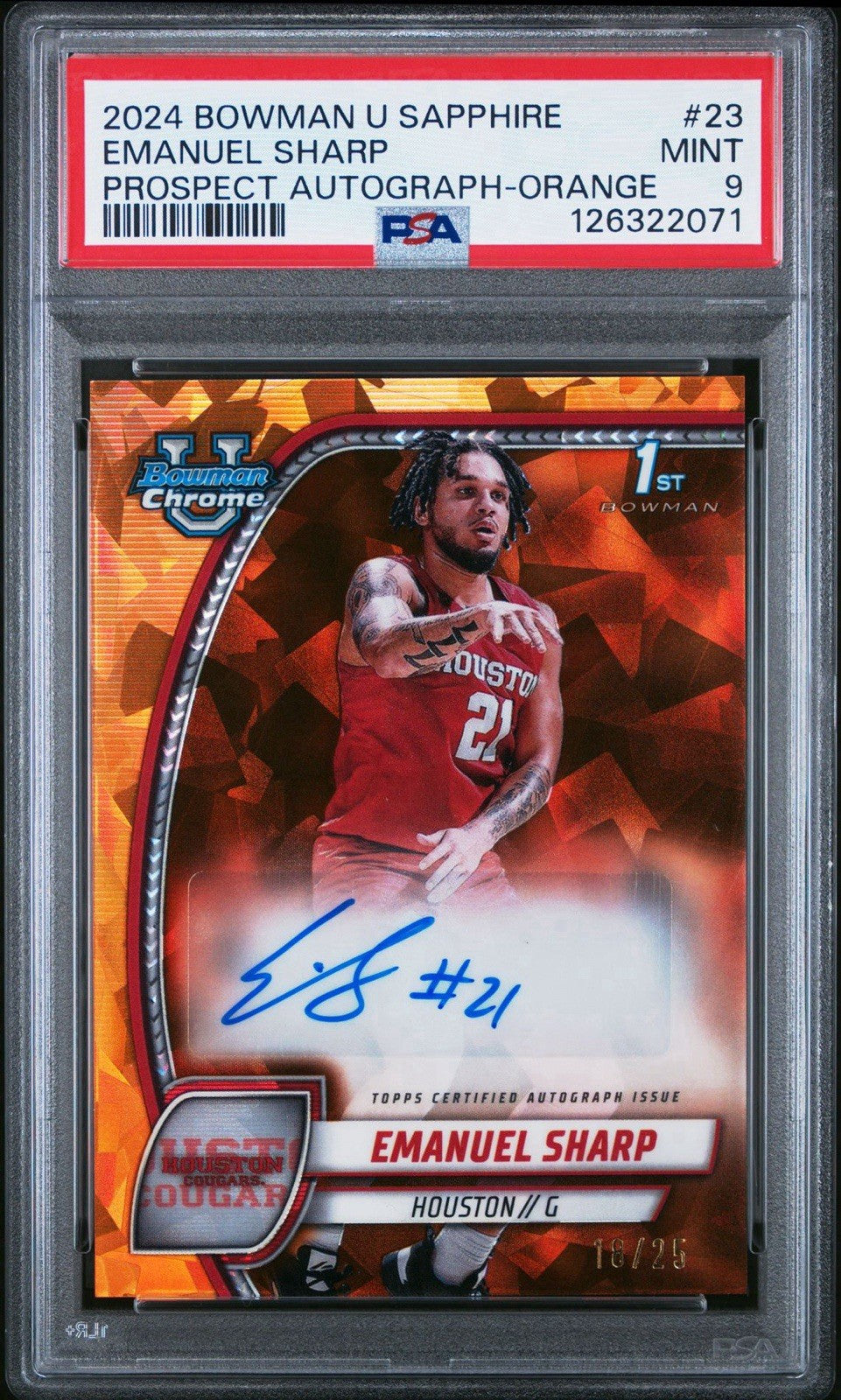 2025 Bowman U Sapphire Emanuel Sharp Orange Auto #d /25 - PSA 9