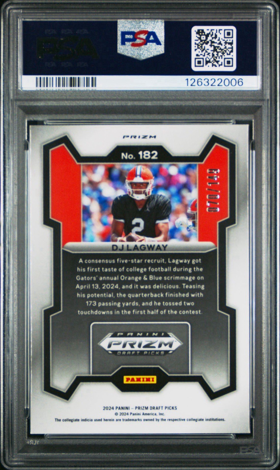 2024 PANINI PRIZM DRAFT PICKS PURPLE ICE #182 DJ LAGWAY #d /149 - PSA 10 Gem