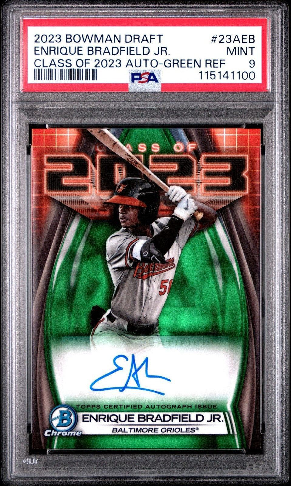 2023 Bowman Draft Enrique Bradfield Jr. Class of 23 Green Refractor Auto PSA 9