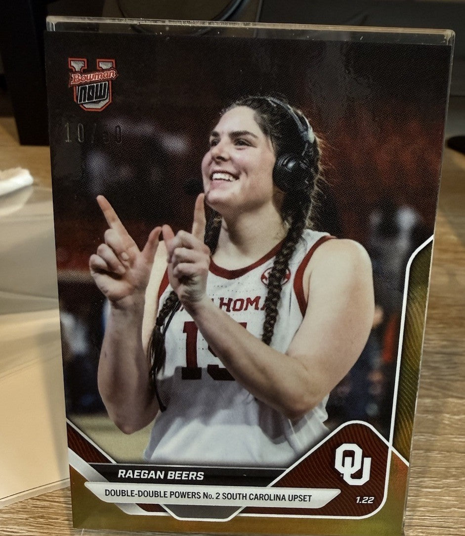 Raegan Beers ROOKIE 2025 Bowman U NOW #57 Gold Foil Oklahoma Sooners #d /50