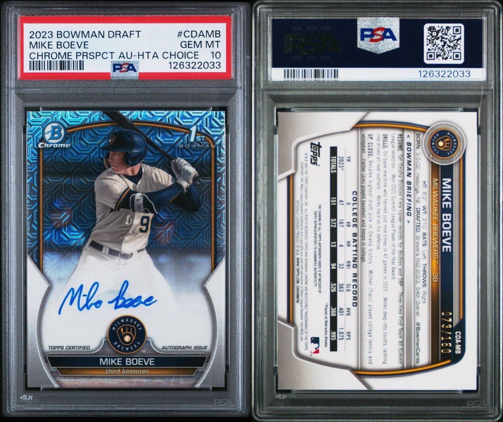 2023 Bowman Draft #CDAMB Mike Boeve 1st Prospect Auto HTA Choice /150 PSA 10 Gem