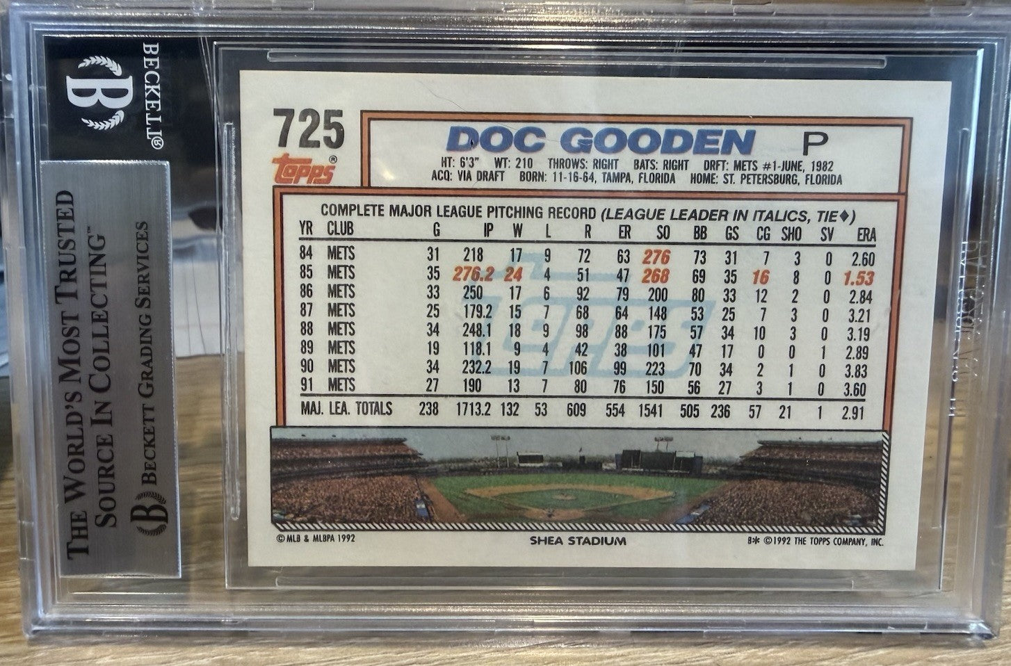 Signed 1992 Topps #725 - Dwight Gooden - Beckett BAS Slab