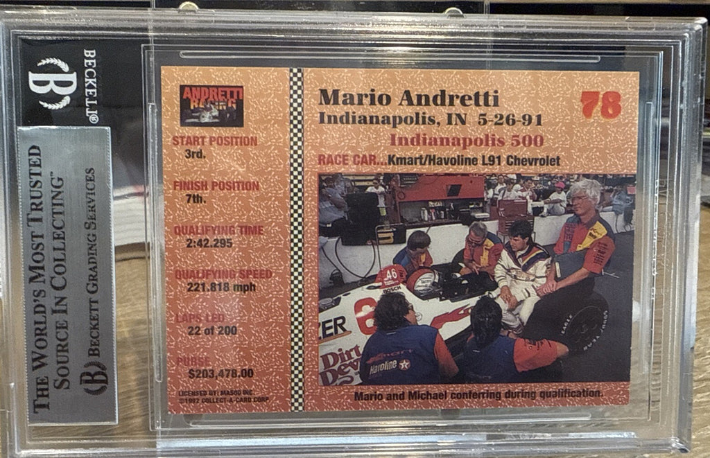 MARIO ANDRETTI Signed 1992 Collect A Card #78 Beckett BAS encased Indy Racing