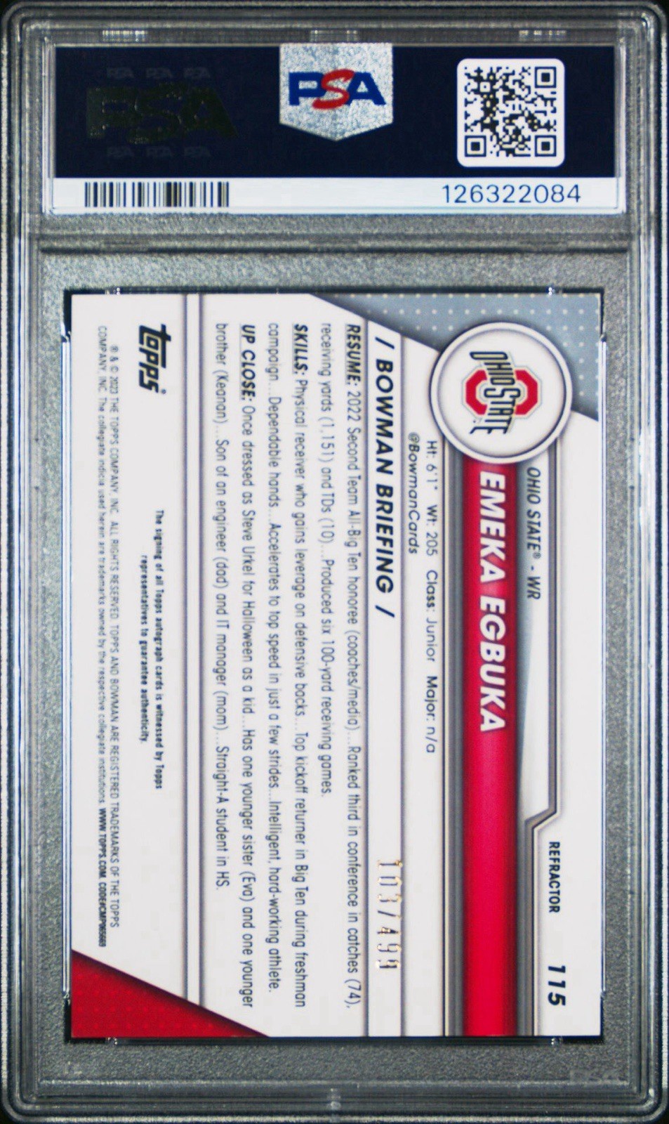 2023 Bowman Chrome U 1st - Emeka Egbuka Refractor Auto /499 - PSA 8
