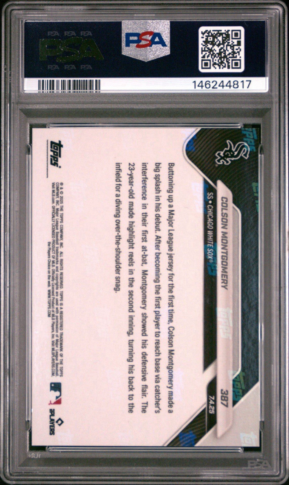 2025 Topps Now Call-Up Gold Foil #d /50 Colson Montgomery #387 PSA 10 Gem