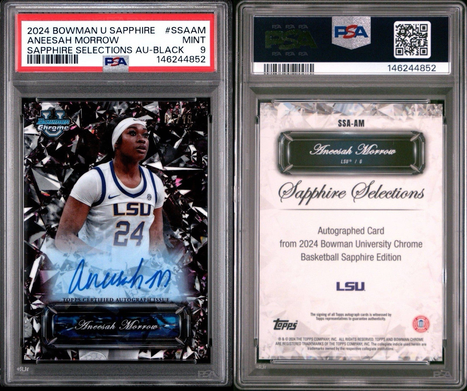 2024-25 Bowman U Chrome Sapphire Aneesah Morrow Selections Black Auto /10 PSA 9