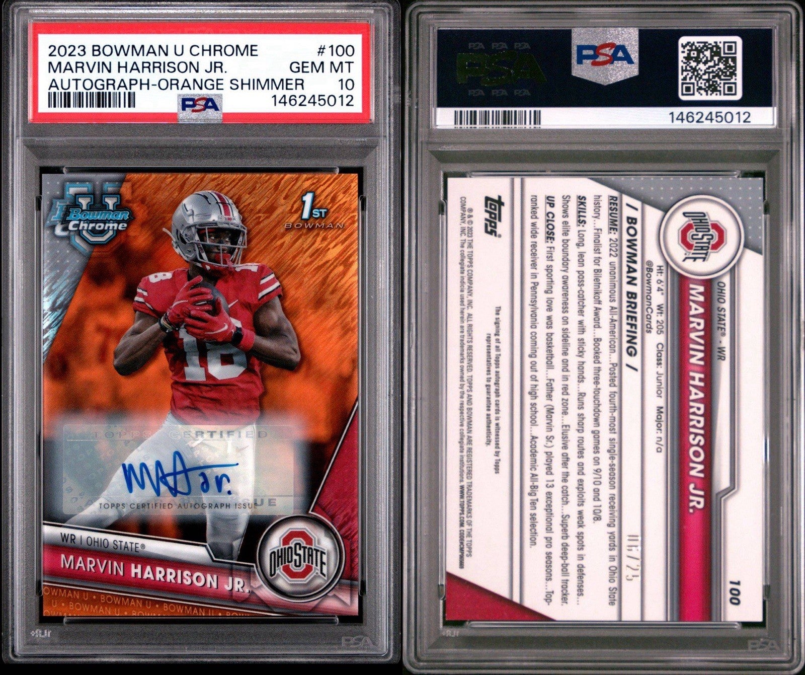 Marvin Harrison Jr 2023 Bowman U Chrome Auto Orange Shimmer #d /25 PSA 10 Pop 1