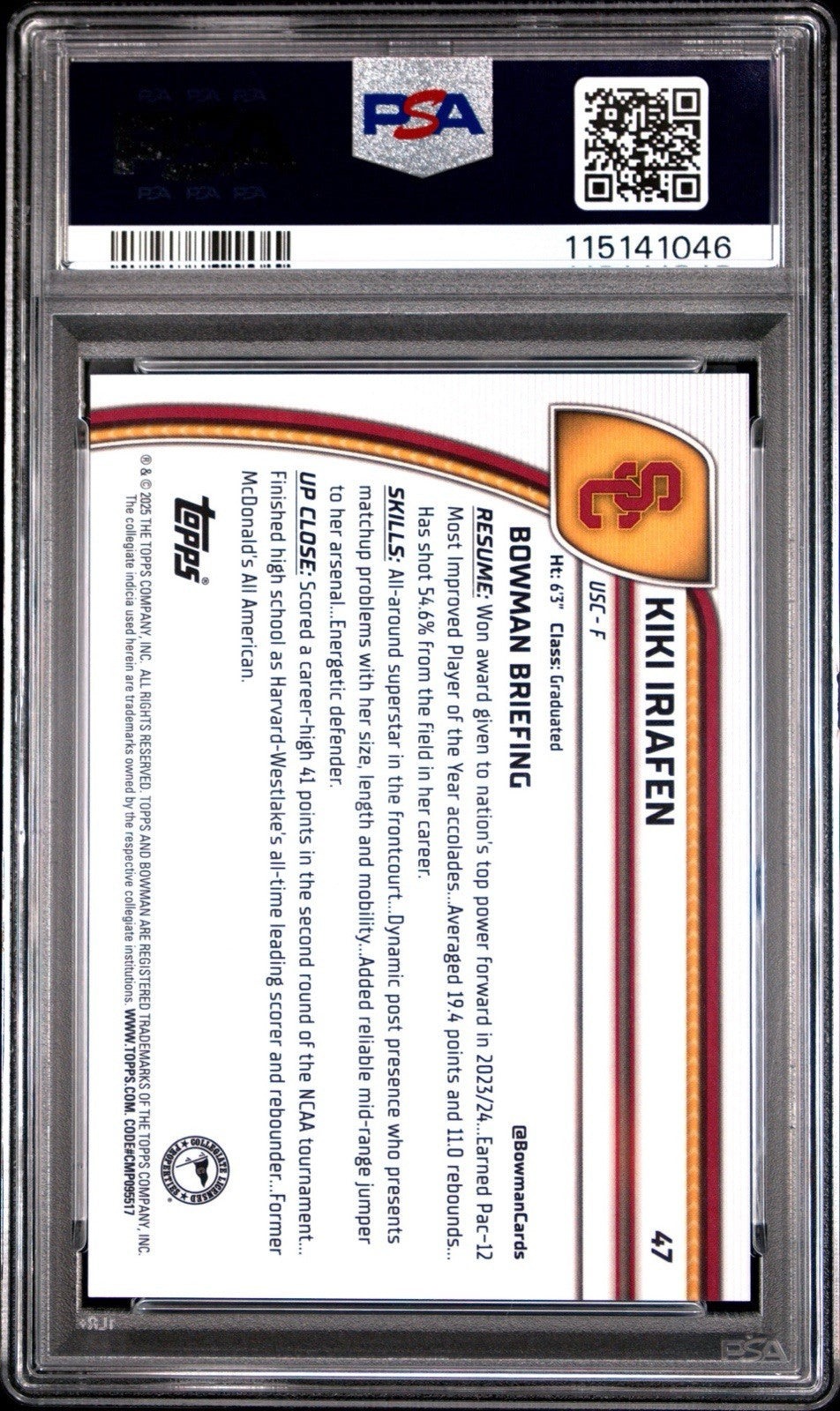 2024 BOWMAN CHROME U #47 Kiki Iriafen 48 BLACK & WHITE STEALTH REF PSA 9