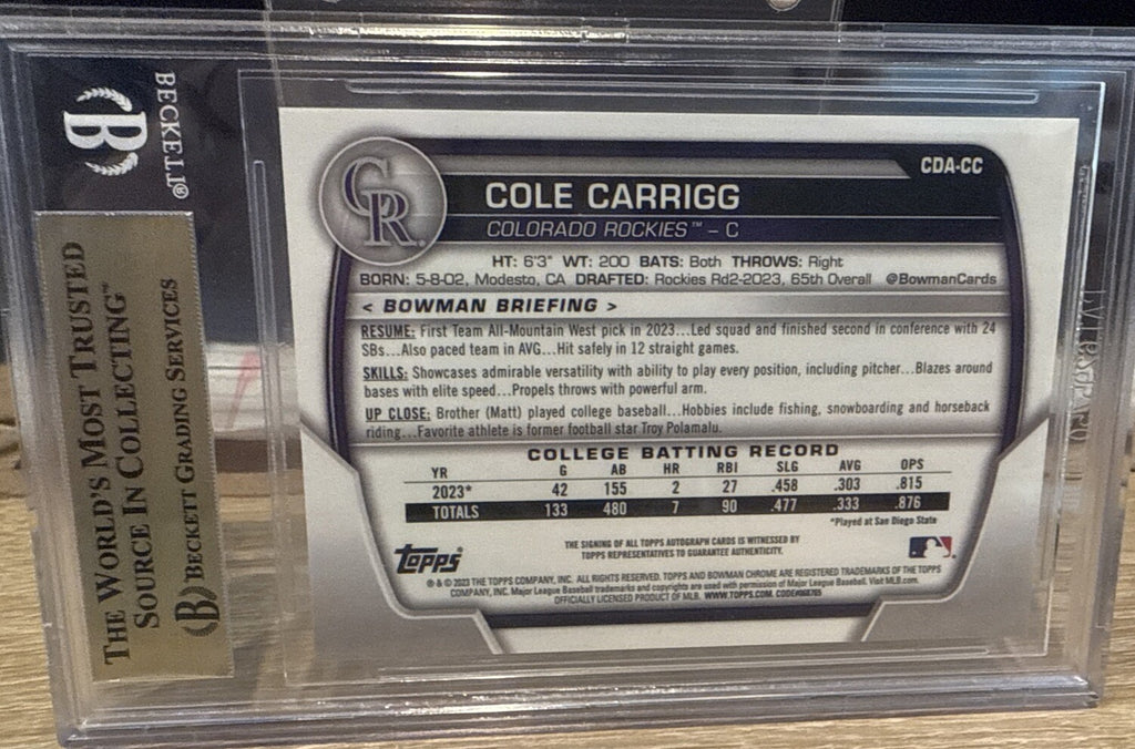 BGS 9.5 Gem 2023 Bowman Draft - Chrome Prospect Autographs #CDA-CC Cole Carrigg