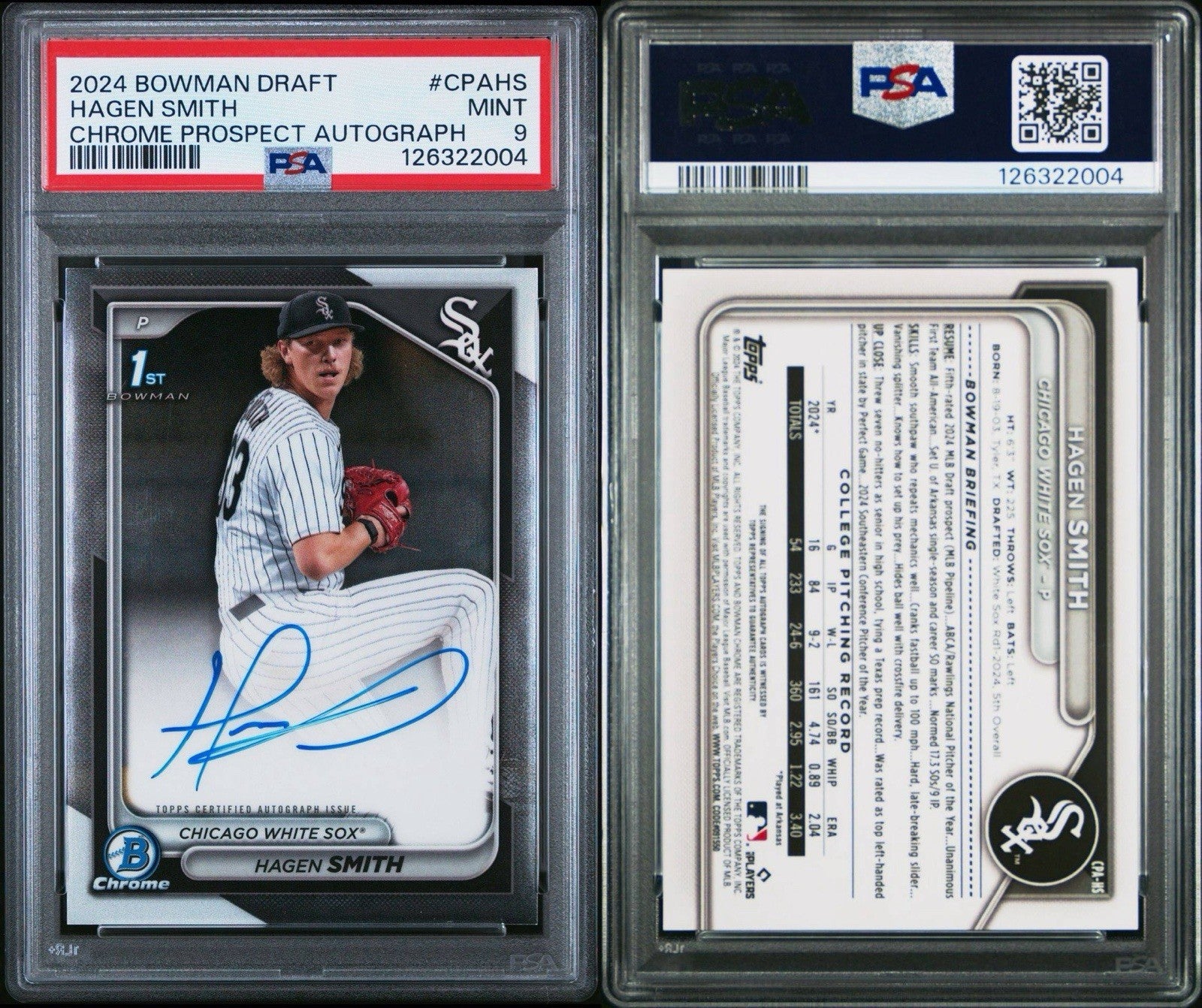 Hagen Smith 2024 Bowman Draft Chrome Prospect Auto #CPAHS PSA 9