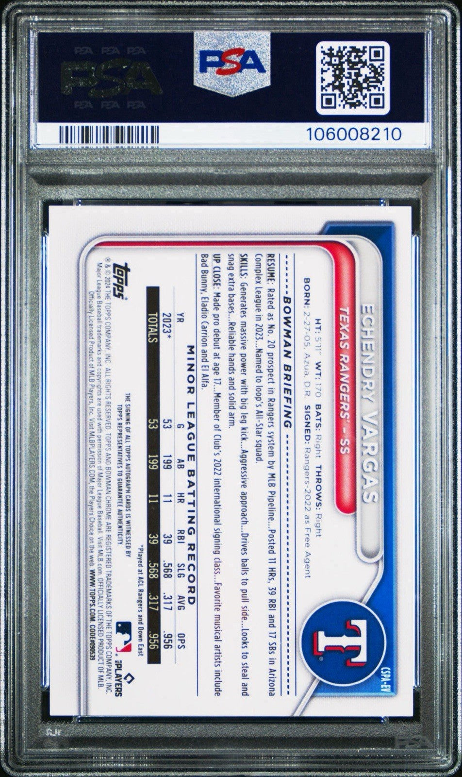 Echedry Vargas 2024 1st Bowman Chrome AUTO SAPPHIRE Green  /99 RC PSA 9